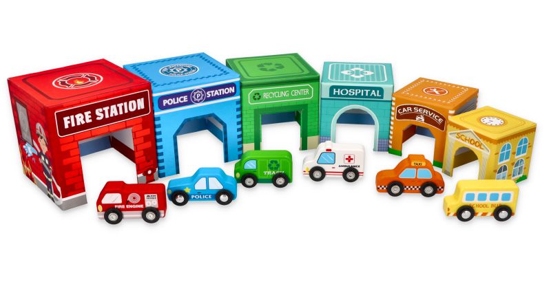 Wieża układanka kubeczki z pojazdami Transport Piramidka Lelin